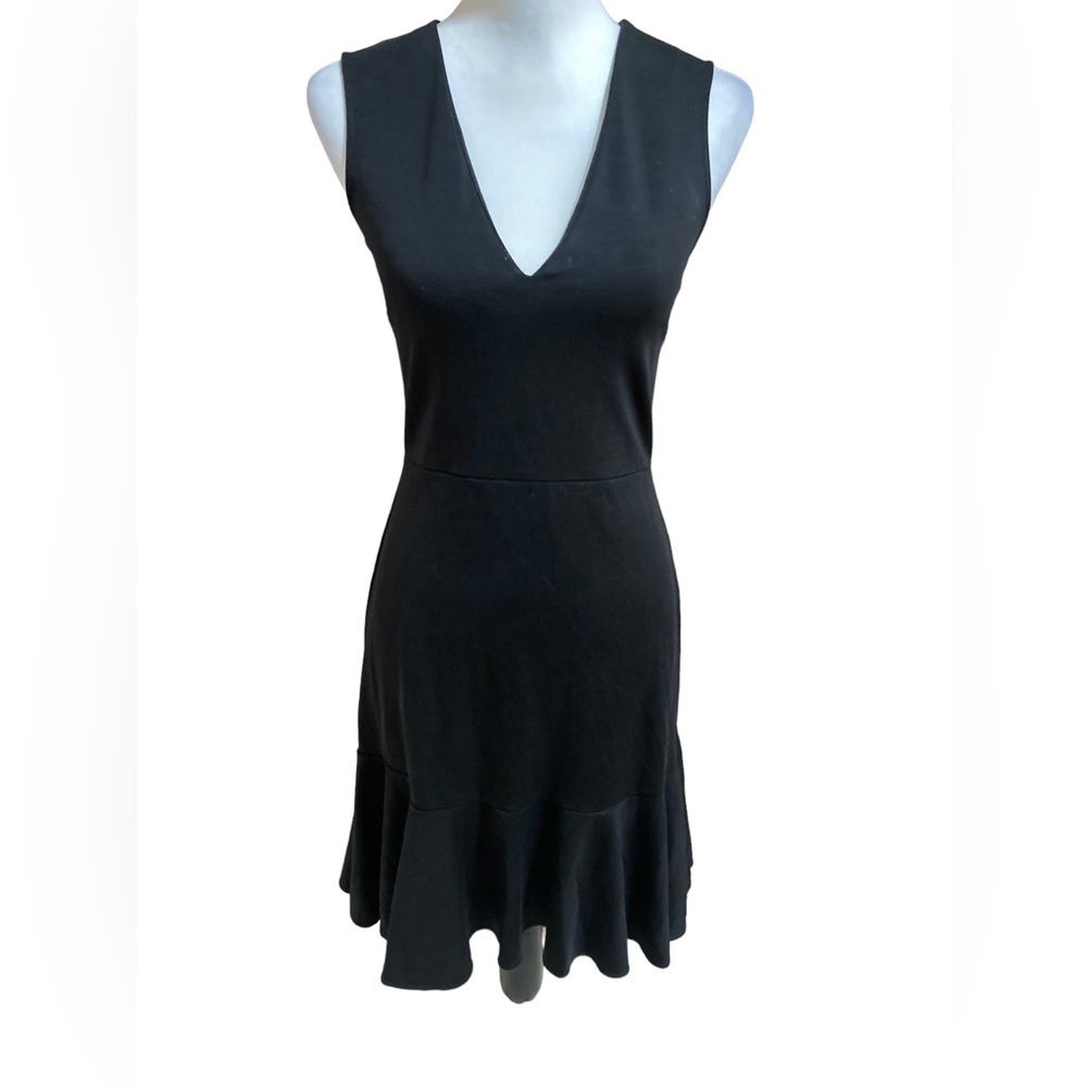 J. Crew 365 women’s classic black sleeveless V-neck dress with flounced hem.